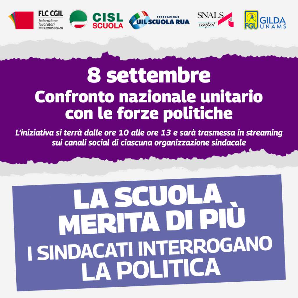 Confronto nazionale unitario: l’8 settembre tavola rotonda tra sindacati scuola e partiti politici